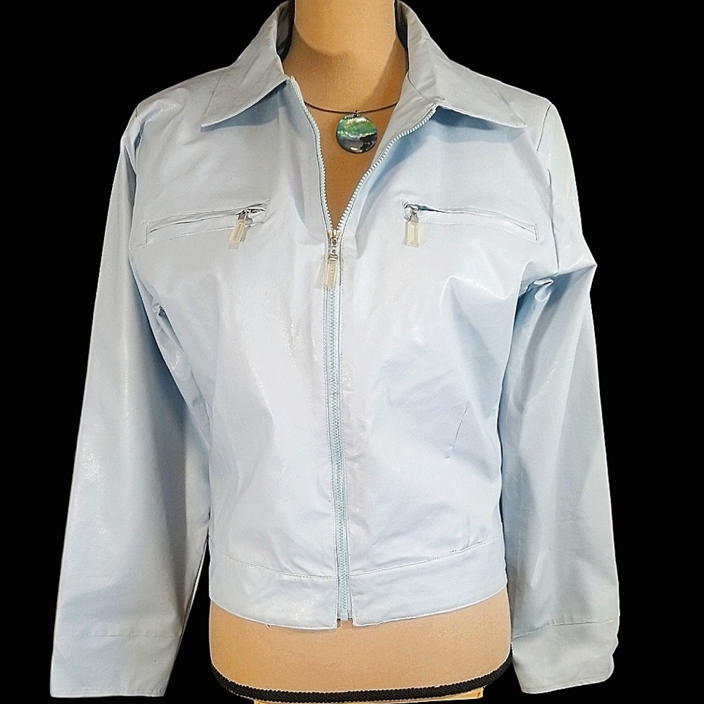 Judy Collection Faux Leather Light Baby  Blue Zippered Jacket.  M